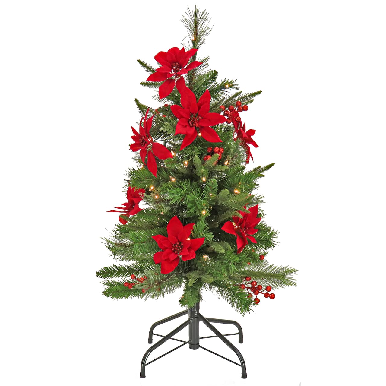 3ft. Pre-Lit Colonial Red Poinsettias Artificial Christmas Tree, Clear Lights
